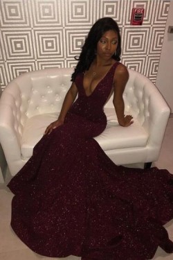 Mermaid V-Neck Sparkle Long Prom Dress Formal Evening Dresses 601567