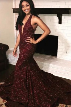 Mermaid V-Neck Sparkle Long Prom Dress Formal Evening Dresses 601567