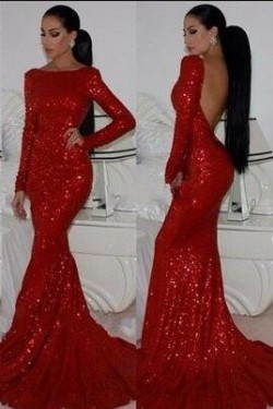 Mermaid Long Sleeves Sparkle Red Long Prom Dress Formal Evening Dresses 601568