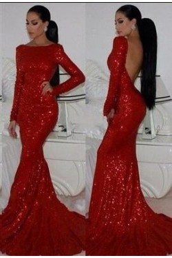 Mermaid Long Sleeves Sparkle Red Long Prom Dress Formal Evening Dresses 601568