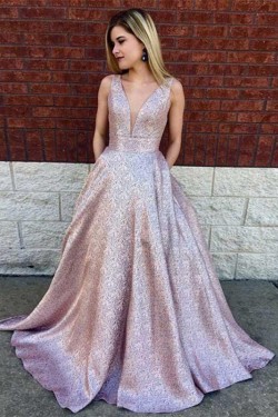 A-Line Sparkle V-Neck Long Prom Dress Formal Evening Dresses 601576