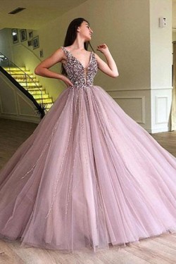 Ball Gown Beaded V-Neck Long Prom Dress Formal Evening Dresses 601577