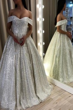 Ball Gown Off-the-Shoulder Sparkle Long Prom Dress Formal Evening Dresses 601582