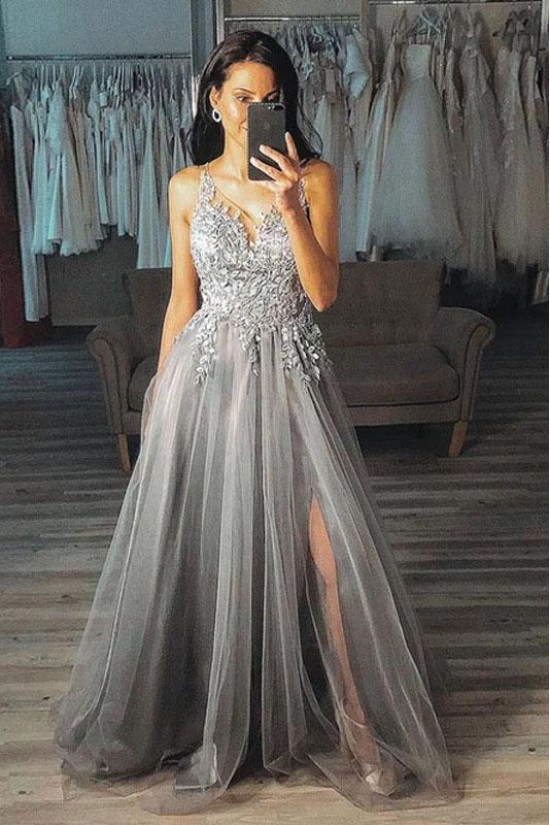 A-Line Lace Tulle V-Neck Long Prom Dress Formal Evening Dresses 601594 A-Line Lace Tulle V-Neck Long Prom Dress Formal Evening Dresses 601594