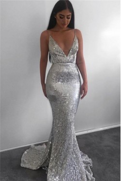 Mermaid Sparkle V-Neck Long Prom Dress Formal Evening Dresses 601606