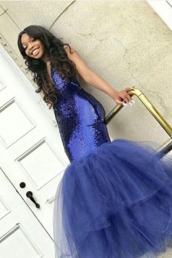 Mermaid V-Neck Sequins Tulle Long Prom Dress Formal Evening Dresses 601621