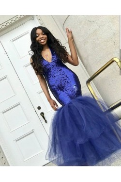 Mermaid V-Neck Sequins Tulle Long Prom Dress Formal Evening Dresses 601621