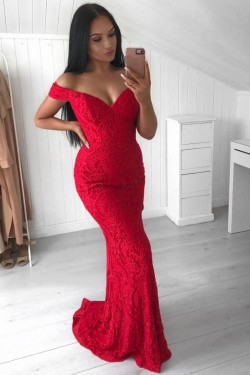 Mermaid Off-the-Shoulder Lace Long Prom Dress Formal Evening Dresses 601628
