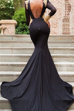 Mermaid Long Sleeves Lace V-Neck Long Black Prom Dress Formal Evening Dresses 601636