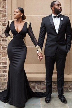 Mermaid Long Sleeves Lace V-Neck Long Black Prom Dress Formal Evening Dresses 601636