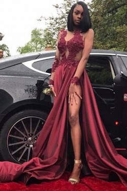 A-Line Lace Long Sleeves Long Prom Dress Formal Evening Dresses 601654