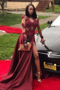 A-Line Lace Long Sleeves Long Prom Dress Formal Evening Dresses 601654