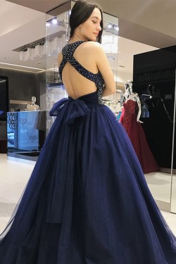 Ball Gown Beaded Long Navy Blue Prom Dress Formal Evening Dresses 601662