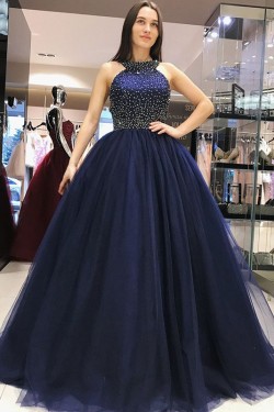 Ball Gown Beaded Long Navy Blue Prom Dress Formal Evening Dresses 601662