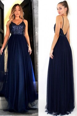 A-Line Sequins Tulle Long Prom Dress Formal Evening Dresses 601666