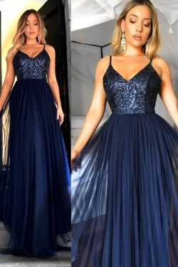 A-Line Sequins Tulle Long Prom Dress Formal Evening Dresses 601666