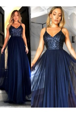 A-Line Sequins Tulle Long Prom Dress Formal Evening Dresses 601666