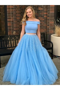 A-Line Two Pieces Beaded Long Prom Dress Formal Evening Dresses 601667