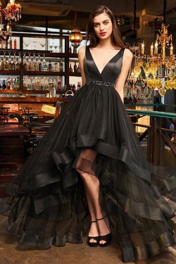 High Low Beaded V-Neck Black Prom Dress Formal Evening Dresses 601680
