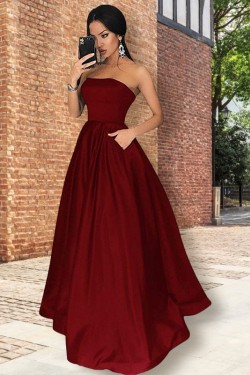 A-Line Strapless Satin Long Prom Dress Formal Evening Dresses 601684