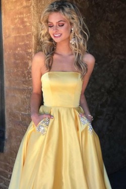 A-Line Beaded Satin Long Prom Dress Formal Evening Dresses 601685