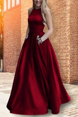 A-Line Beaded Satin Long Prom Dress Formal Evening Dresses 601686