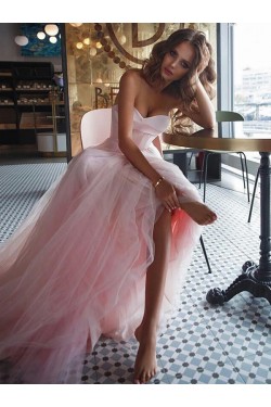 A-Line Sweetheart Tulle Long Pink Prom Dress Formal Evening Dresses 601688