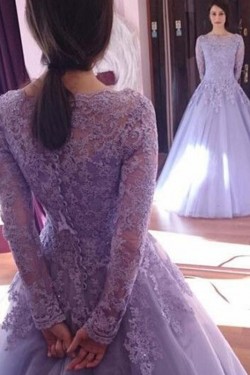 A-Line Long Sleeves Lace Long Prom Dress Formal Evening Dresses 601693