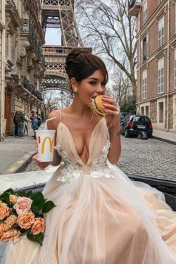 A-Line Lace Tulle Long Prom Dress Formal Evening Dresses 601698