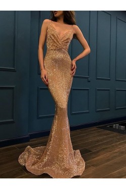 Mermaid Sequins V-Neck Long Prom Dress Formal Evening Dresses 601700