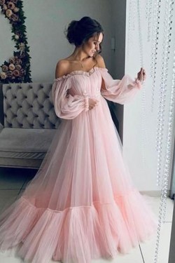 A-Line Off-the-Shoulder Tulle Long Prom Dress Formal Evening Dresses 601706