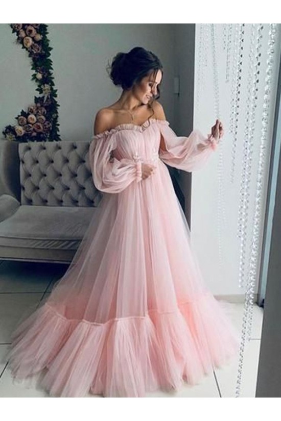 A-Line Off-the-Shoulder Tulle Long Prom Dress Formal Evening Dresses 601706