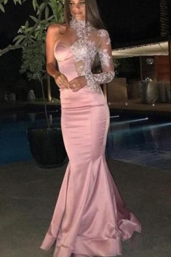 Mermaid One Sleeves Long Pink Lace Prom Dress Formal Evening Dresses 601710