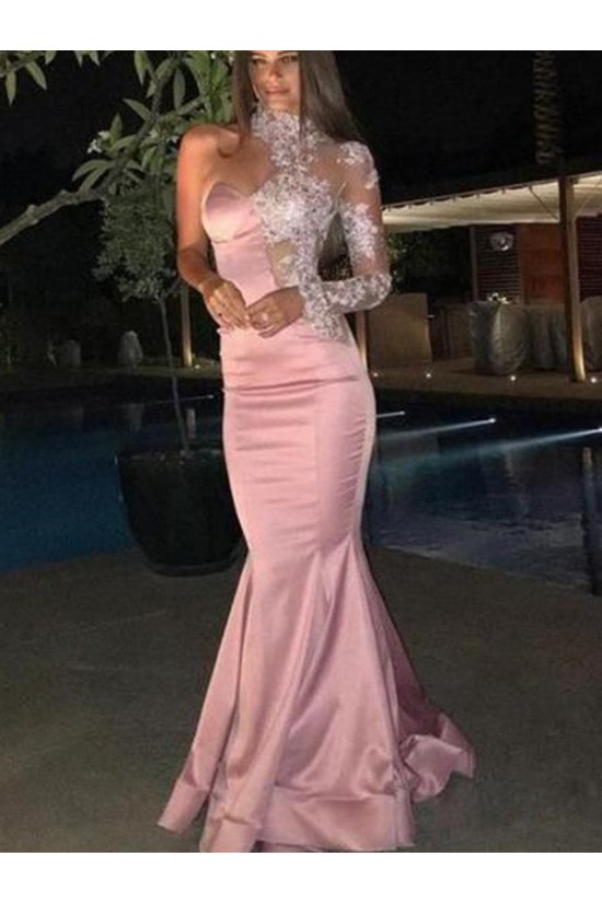 Mermaid One Sleeves Long Pink Lace Prom Dress Formal Evening Dresses 601710 Mermaid One Sleeves Long Pink Lace Prom Dress Formal Evening Dresses 601710