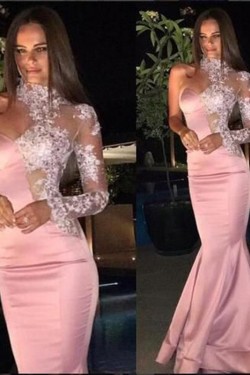 Mermaid One Sleeves Long Pink Lace Prom Dress Formal Evening Dresses 601710