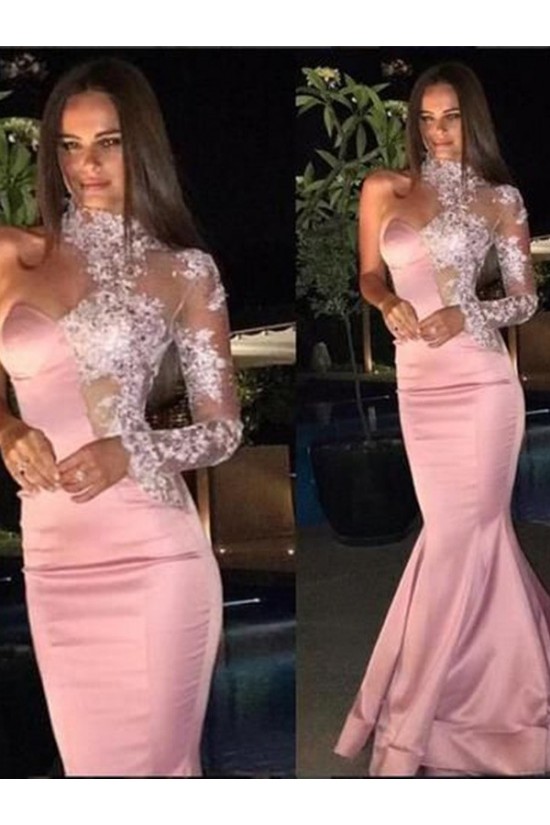 Mermaid One Sleeves Long Pink Lace Prom Dress Formal Evening Dresses 601710 Mermaid One Sleeves Long Pink Lace Prom Dress Formal Evening Dresses 601710