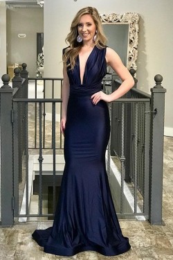 Mermaid Long Navy Blue V-Neck Long Prom Dress Formal Evening Dresses 601718