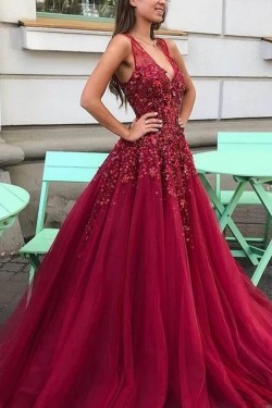 A-Line V-Neck Long Prom Dress Formal Evening Dresses 601721