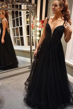 A-Line Beaded Long Black Prom Dress Formal Evening Dresses 601722