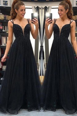 A-Line Beaded Long Black Prom Dress Formal Evening Dresses 601722