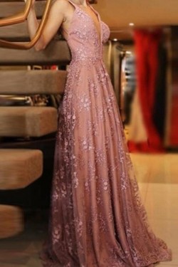 A-Line V-Neck Lace Long Prom Dress Formal Evening Dresses 601730