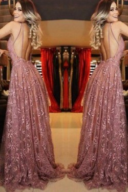 A-Line V-Neck Lace Long Prom Dress Formal Evening Dresses 601730