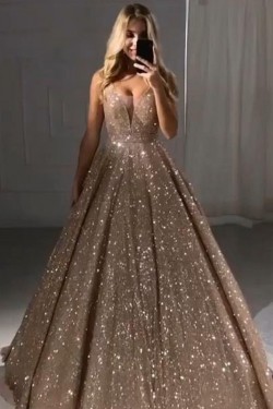 A-Line Sequins V-Neck Long Prom Dress Formal Evening Dresses 601736