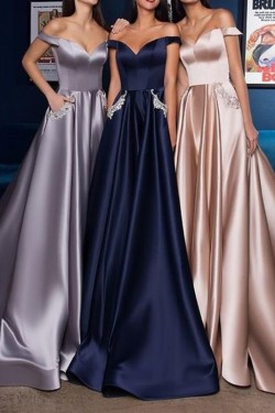 A-Line Off-the-Shoulder Beaded Long Prom Dress Formal Evening Dresses 601747