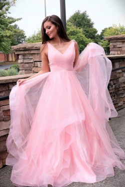 A-Line Long Pink Tulle Prom Dress Formal Evening Dresses 601748