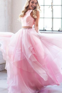 A-Line Two Pieces Long Pink Prom Dress Formal Evening Dresses 601750