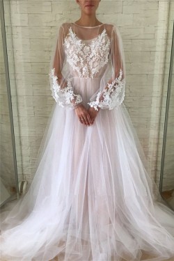 A-Line Lace Tulle Long Sleeves Prom Dress Formal Evening Dresses 601769
