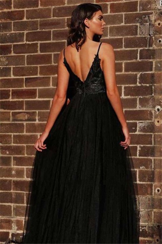 A-Line Long Black Lace Tulle V-Neck Long Prom Dress Formal Evening Dresses 601771 A-Line Long Black Lace Tulle V-Neck Long Prom Dress Formal Evening Dresses 601771