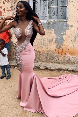 Affordable Mermaid Lace Long Pink Prom Dress Formal Evening Dresses 601777