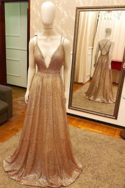 A-Line Sequins V-Neck Long Prom Dress Formal Evening Dresses 601780